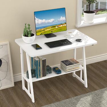 Білий стіл з книжковою полицею, комп&39ютерний стіл з полицею, комп&39ютерний стіл з полицею, ергономічний стіл для ноутбука, офісний стіл 80x50x73см, робочий стіл для домашнього офісу, вітальня білий 80x50x73см