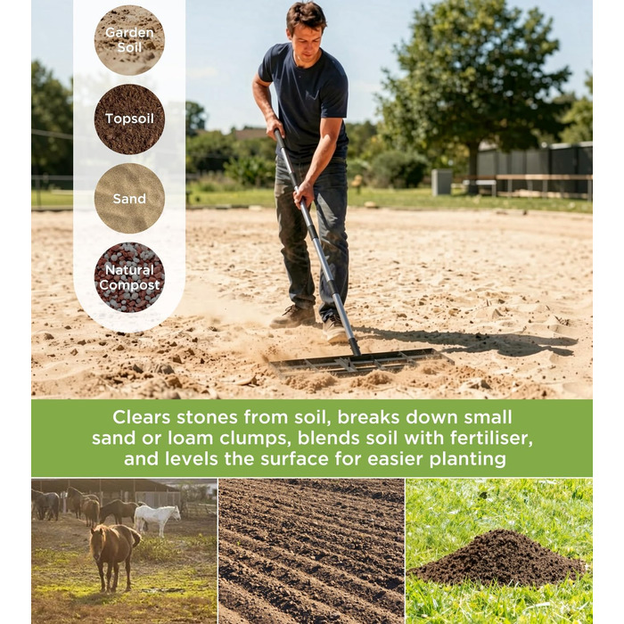 Вирівнювач для газону 75x25 см з регульованою ручкою, граблі-рівняльник з нержавіючою сталевою ручкою 180 см, міцний та енергозберігаючий вирівнювач для саду, подвір'я, гольф-поля, легке вирівнювання піску та ґрунту 75 x 25 см