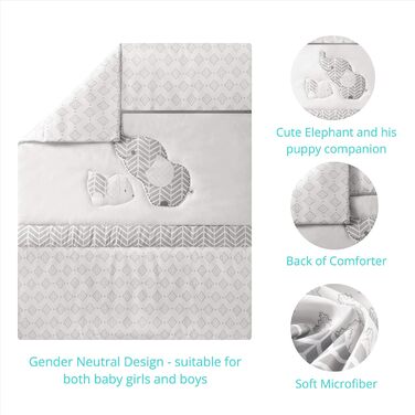 Комплект дитячої постільної білизни La Premura для хлопчиків, сірі слоники та цуценята, стандартний розмір, 3 предмети, сіра пості