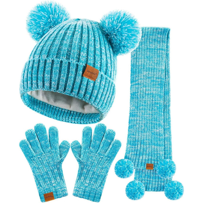 Дитячий набір SENPUKI рукавички, шапка та шарф, зимова шапка-біні для дівчаток, в&39язана шапка-шапка з помпонами, шарф, снуд, рукавички, рукавички на флісовій підкладці, подарунковий набір 2-8 років, м&39ятно-зелений, мікс