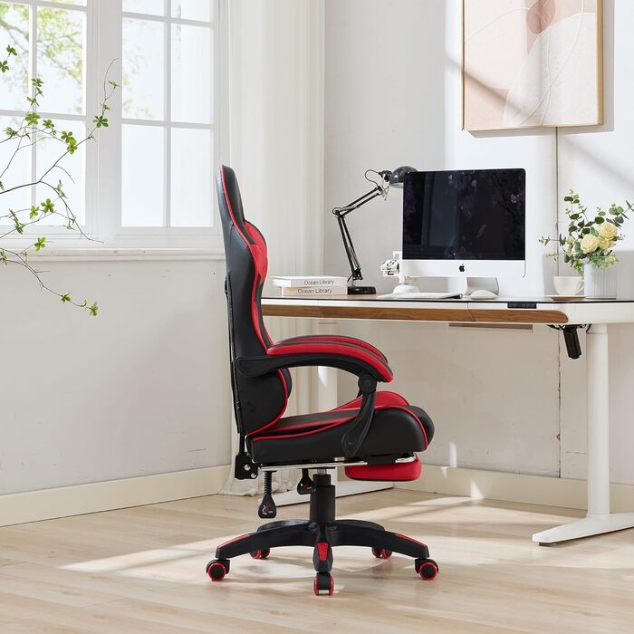 Ергономічне ігрове крісло з функцією масажу та підставкою для ніг вантажопідйомність 150 кг, ергономічне офісне крісло в гоночному дизайні, регульоване по висоті з опорою для голови та попереку для офісу та комп&39ютерних ігор, чорно-червоне.