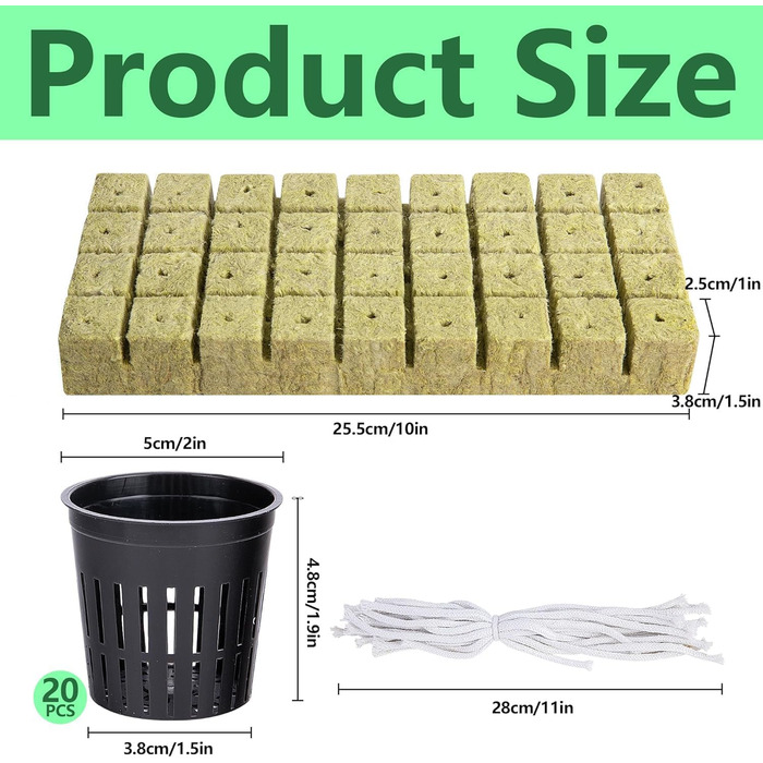Набір сіток для гідропоніки з 76 шт. - 20 чашок для горщиків 2 дюйми (5 см) із сіткою з прорізами, 36 пакетів для вирощування мінеральної вати, 20 шт. самополивного бавовняного гнітового шнура для гідропоніки