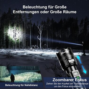 Акумуляторний світлодіодний ліхтарик PHIXTON, надзвичайно яскравий 500 000 люмен, 1 режим світла, дальній радіус дії, суперяскравий та потужний тактичний ліхтарик USB-C, масштабований акумуляторний ліхтарик для зовнішньої безпеки, 32,0 Вт-години