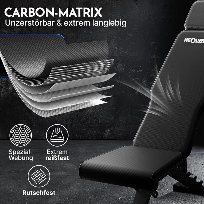 Силова лава NEOLYMP для домашнього використання, вантажопідйомність до 450 кг, складна та регульована, чохол під карбон із 72 варіантами регулювання, включаючи доступ до електронної книги та додатку ідеально підходить для жиму лежачи та силових тренувань.