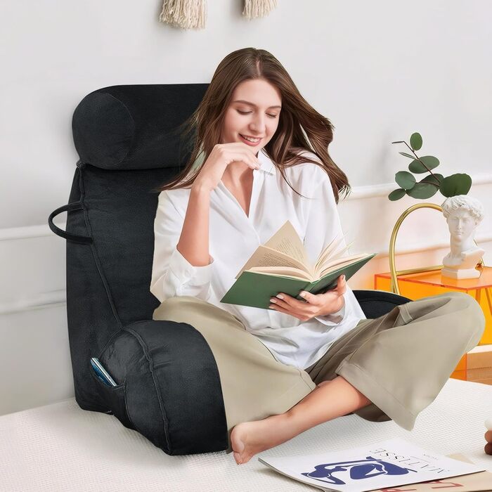 Подушка для читання - Оксамитова подушка для читання для сидіння в ліжку, для дорослих, подушка для спини для сидіння в ліжку з круглою подушкою, подушка для спини та підлокітників з підлокітником та кишенею та чохлом, що прається, чорна