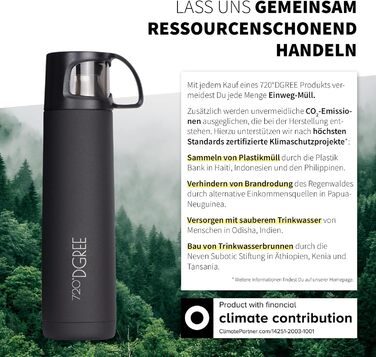 Термос 720DGREE з чашкою 1 л Follow 3 розміри, зберігає температуру 12 годин, холодну 24 години, герметична, без BPA термопляшка з нержавіючої сталі, ізольована для кави, чаю на роботі, в школі, в дорозі 1000 мл, чорний онікс міцний матовий чорний