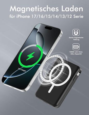 Бездротовий зовнішній зарядний пристрій Podoru для Magsafe, магнітний ємністю 10000 мАг з кабелем USB-C, швидка зарядка PD 20 Вт зі світлодіодним дисплеєм, бездротовий акумулятор для iPhone 17/16/15/14/13/12 усіх серій (чорний)