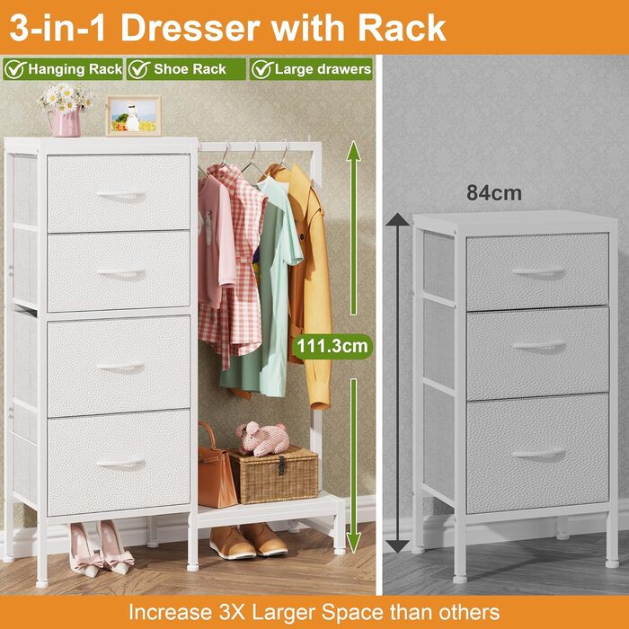 Комод заввишки 111 см з 4 тканинними шухлядами, маленький комод з вішалкою для одягу, білий комод для спальні, вітальні, коридору, передпокою, комод для спальні, подарунковий 30Г x 76,5Ш x 111В см (4 шухляди) білий