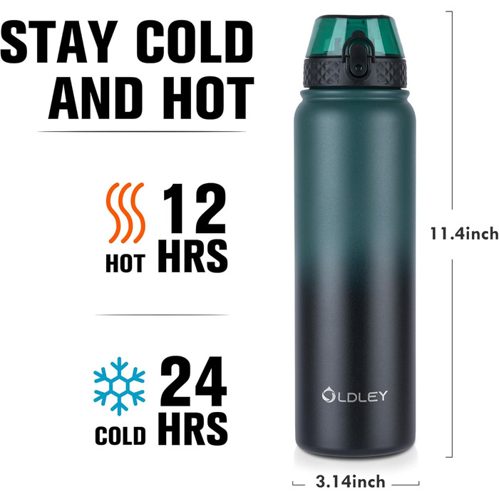 Пляшка для води OLDLEY з нержавіючої сталі з трубочкою 1 л, ізольована, з 3 кришками, велика термос 1 літр, герметична, зберігає тепло та холод, для спорту, тренажерного залу, кемпінгу, їзди на велосипеді (темно-зеленийчорний, 3 кришки) темно-зеленийчорни