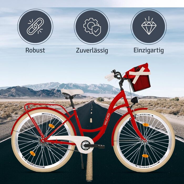 Комфортний міський велосипед з кошиком, вінтажний жіночий голландський велосипед, 28 дюймів, червоний, 1 швидкість