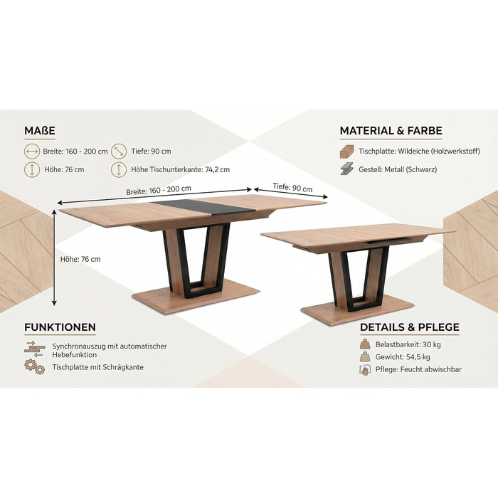Розсувний обідній стіл Newroom до 200 см кольору Wild Oak Anthracite - Сучасний обідній стіл - 160-200 x 76 x 90 см (Ш x В x Г) - Розсувний стіл із синхронізованим механізмом висування - Їдальня, Кухня, Вітальня