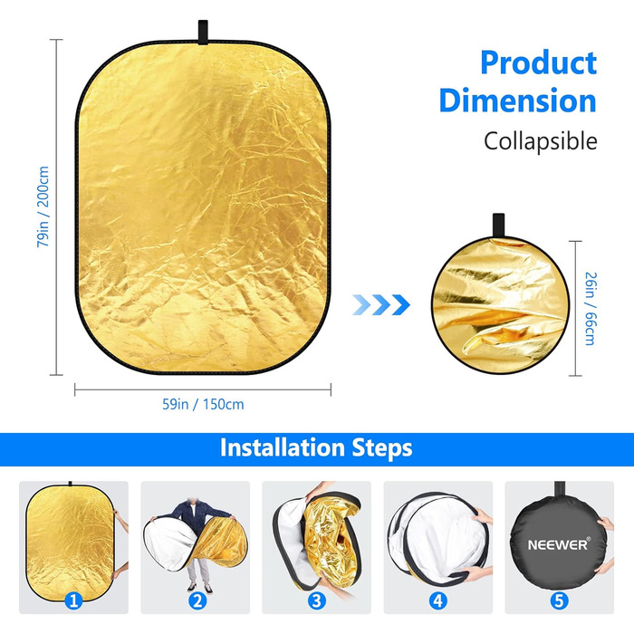 Відбивач світла NEEWER 5 в 1 59'x79'/150x200см для фотозйомки, портативний складаний мультидиск з сумкою - напівпрозорий, сріблястий, золотий, чорний, білий розсіювач для студійного та зовнішнього освітлення
