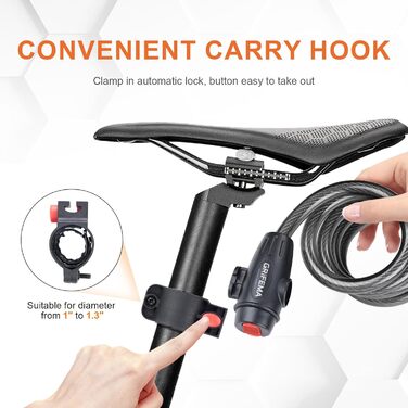 Замок велосипедний GRIFEMA з 2 ключами 120см/12мм, дитячий велосипедний замок, високий рівень безпеки, протиугінний трос для велосипеда з тримачем, аксесуари для велосипеда, чорний замок зі ключами