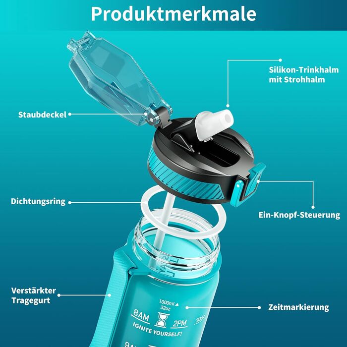 Пляшка для пиття QLUR, пляшка для води Tritan з соломинкою 1л без BPA з соломинкою, пляшка для пиття спортивна герметична з маркер