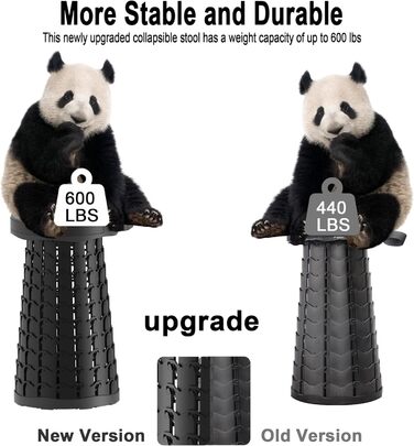 Портативний телескопічний стілець, портативний складаний стілець, висувний складаний стілець для кемпінгу, риболовлі, подорожей, барбекю, походів, регульований складаний стілець, складний стілець, вантажопідйомність 280 кг з карабіном, чорно-білий, 25x25x