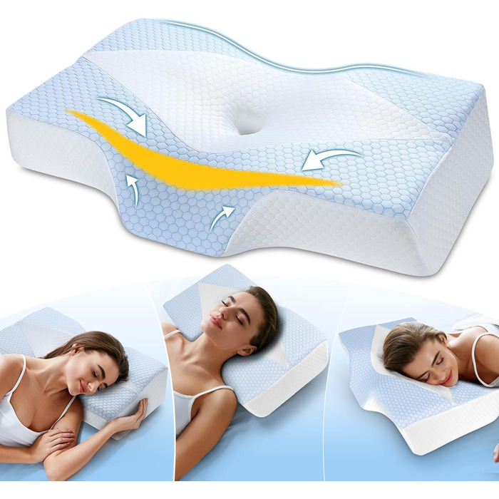 Подушка для шиї з піни з ефектом пам&39яті для полегшення болю в шиї, контурна подушка для сну, ортопедична з наволочкою для сну на боці, спині та животі, охолоджувальна O2-синьо-біла