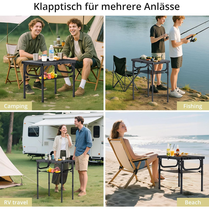 Складаний кемпінговий стіл Anbte 60x40 см, алюмінієва рама, 3 регульовані по висоті 26/48/70 см, стіл-валіза з сіткою для зберігання, портативний стіл для пікніка для кемпінгу, пляжу, балкону (повністю чорний)
