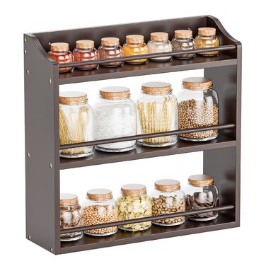 Рівнева підставка для спецій з бамбукового дерева, банки для спецій, полиця-органайзер для спецій або рукоділля, кухонна стільниця або настінне кріплення (коричневий колір), 3-