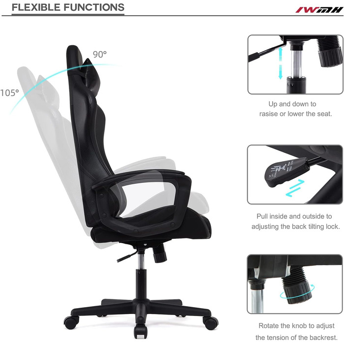 Ігрове крісло IntimaTe WM Heart, ергономічне ігрове крісло, офісне крісло з регульованим підголівником та поперековою опорою, комп&39ютерне крісло з високою спинкою, 52 x 49 x 130 см (чорне) Чорний 52 Г x 49 Ш x 130 В см