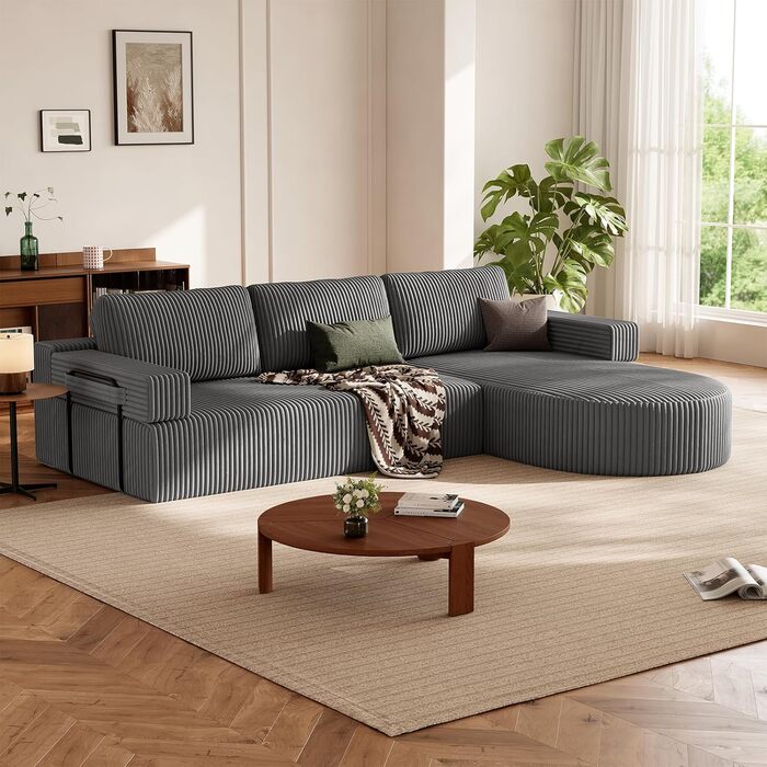 Кутовий диван з функцією сну, вельветовий L-подібний диван-ліжко, диван без кісток, секційний диван-ліжко з сидінням 75 см, модульний диван-ліжко із заокругленим шезлонгом, світло-сірий