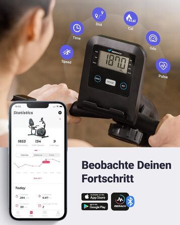 Велотренажер MERACH для домашнього використання з 8 регульованими рівнями опору, Smart Bluetooth, ексклюзивним підключенням до додатків, РК-дисплеєм, датчиками серцевого ритму та регульованою спинкою, синьо-чорний