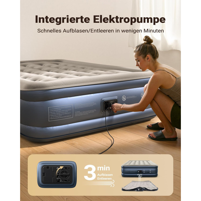 Самонадувальний надувний матрац, надувне ліжко для 2 осіб, надувний матрац, гостьове ліжко з електричним повітряним насосом, швидке надування за 3 хвилини для кемпінгу, 152x203x46 см, сірий, 2 особи (152x203x46 см)