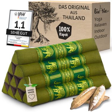 Подушка для спини livasia з тайського шовку - 32x55x30 см - трикутна подушка для саду та балкону, клиноподібна подушка з капоком, ручної роботи, подушка для медитації (зелений/слоновий шовк)