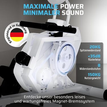 Складаний гребний тренажер SportPlus для домашнього використання - Розроблено в Німеччині - Для початківців та досвідчених користувачів - Гребний тренажер з магнітним опором, надзвичайно тихий, складний та компактний, до 150 кг, білий/червоний