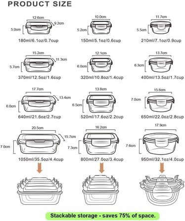 Набір скляних контейнерів для зберігання їжі GENICOOK Скляний контейнер/ланч-бокс/коробка для зберігання - не містить BPA та схвал
