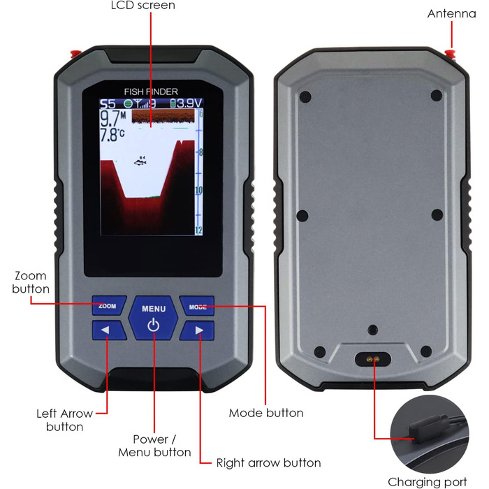 Бездротовий датчик ехолота 125 кГц, частота 45 метрів/147 футів, функція сигналізації глибини та великий РК-дисплей