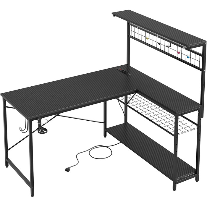 Геймерський стіл Bestier 130 см L-подібний, двосторонній кутовий стіл з розетками, світлодіодним підсвічуванням, 4 полицями, гачками та підставкою для чашок, ідеально підходить для домашнього офісу та ігор, 130 см з вуглецевого волокна, чорний