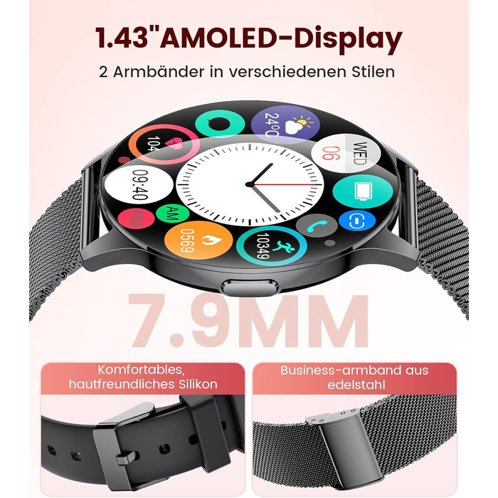 Жіночий смарт-годинник LIGE (2 ремінці), 1,43-дюймовий HD AMOLED-дисплей, смарт-годинник з функцією телефону, фітнес-годинник, спортивний годинник з понад 120 спортивними режимами, відстеження сну, відстеження менструального циклу, годинник для iOS/Androi