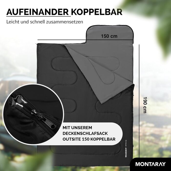 Спальний мішок-ковдра з капюшоном, розрахований на температуру -3C, включаючи подушку - Зимовий та літній спальний мішок для активного відпочинку на 3-4 сезони (75 x 220 см) - Спальний мішок-кабінка для чоловіків та жінок (теплий), чорний, 280 г/м, з капю