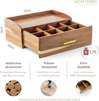 Чайна скринька з дерева акації Стильне сховище для чаю з шухлядою 8 великих відділень (до 144 чайних пакетиків) Органайзер для чайних пакетиків з полицею Розміри 33 см x 20 см x 13 см