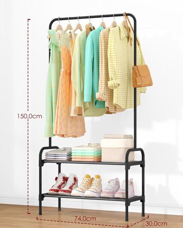Вішалка для одягу - штанга для одягу з нековзними ніжками, шафа-стійка з 2-рівневим органайзером для взуття, вішалка для одягу для спальні, передпокою, 74 x 30 x 150 см, чорна 74 x 30 x 150 см чорна