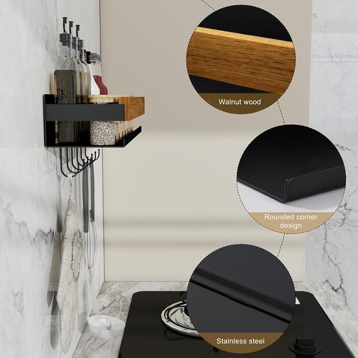 Дерев&39яна настінна підставка для спецій для кухні, підвішується на 6 гачках, вища та ширша, з горіховим покриттям. Органайзер для спецій, не потребує свердління, шурупи в комплекті.