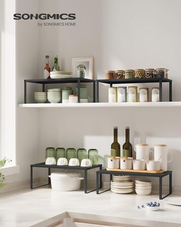 Стійка для спецій, Набір з 2, Кухонна полиця, Кухонний органайзер, Кухня, Тримач для спецій, Розширюваний, Штабелюється, Маленька полиця, Метал, Чорний колір KCS401B01 40 см Чорний колір