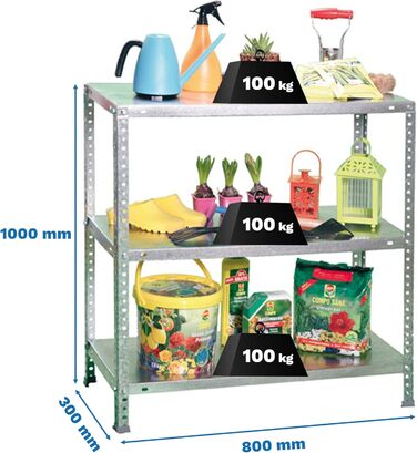 Стелаж Simon Rack для важких умов експлуатації, 1000x800x300 мм, вантажопідйомність до 100 кг, 3 регульовані полиці, підвальний стелаж, стелаж для зберігання, оцинкований - Comfort Galvanized 1000x800x300
