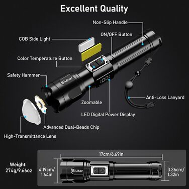 Світлодіодний ліхтарик Blukar з 2 колірними температурами, основним світлом та боковим COB-світлом, акумуляторний, надзвичайно яскравий, плавно регульований, ручний ліхтарик із можливістю масштабування, 7 режимів, водонепроникний для надзвичайних ситуацій