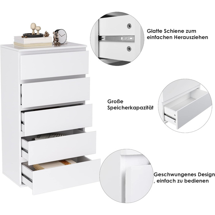 Білий комод з 5 шухлядами, вузький комод для спальні, коридору, вітальні, 55x33x100 см