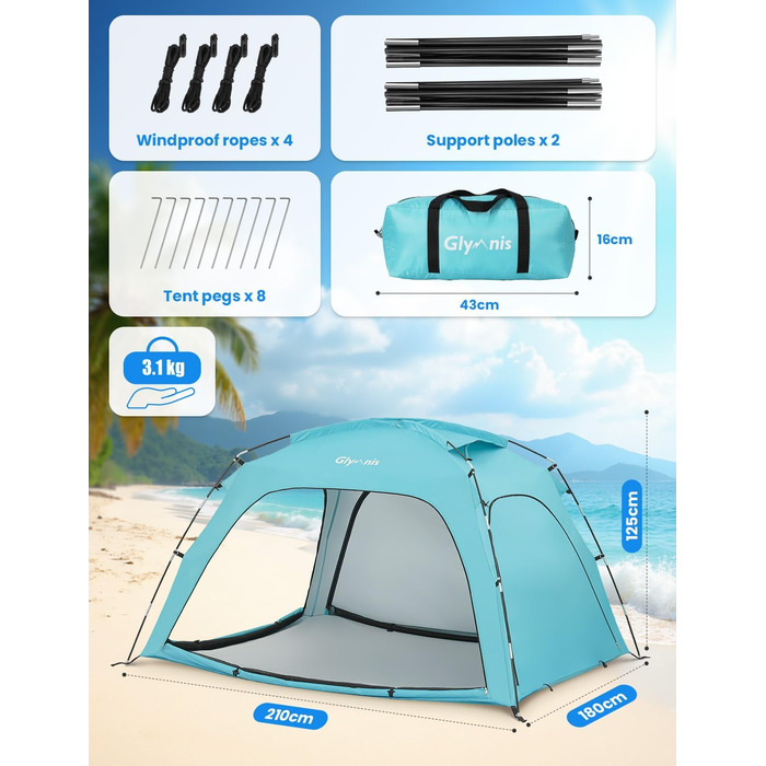 Пляжний намет Glymnis Beach Shelter з 4 дверима на блискавці та сітчастими дверима, захист від ультрафіолету UPF50, вітронепроникний, невеликий розмір у упаковці, пляжний намет для 3-4 осіб, синій