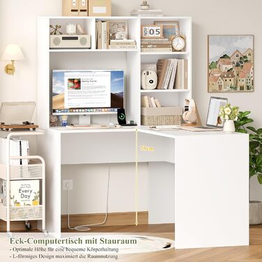 Кутовий письмовий стіл FirFurd з подовжувачем, L-подібний комп&39ютерний стіл з книжковою полицею, стіл для ПК/ноутбука для офісу, кабінету, вітальні, домашнього офісу, білий, 153 x 125 x 108 см, білий/розкішний сад