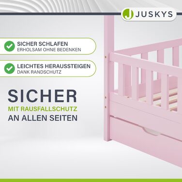 Дитяче ліжко Juskys Marli 80 x 160 см з матрацом, ящиком для ліжка, захисними поручнями, рейковою основою та дахом - Ліжко-будиночок з масиву дерева для дітей - Ліжко рожевого кольору