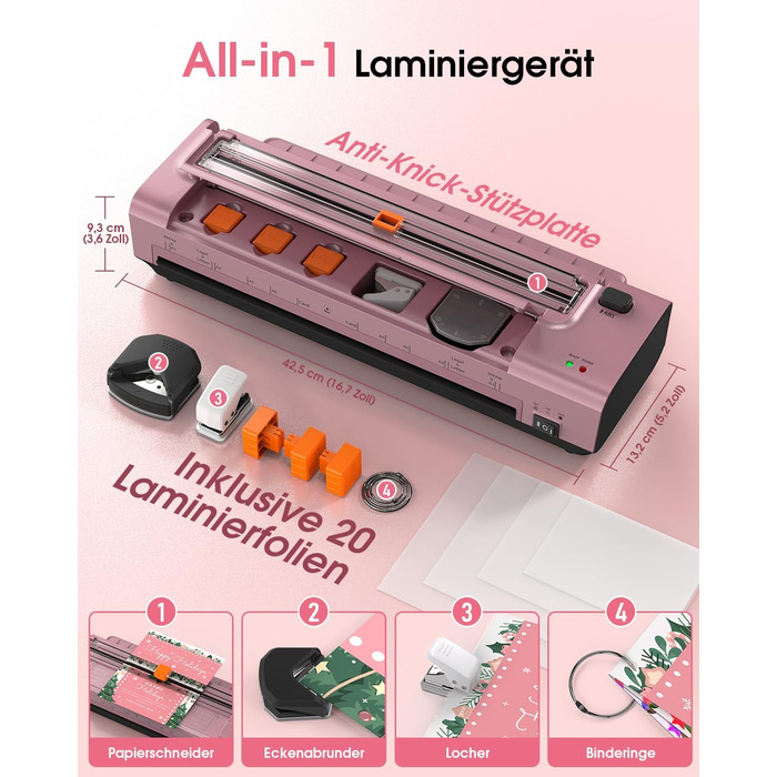 Дюймовий ламінатор A3/A4 з 20 пакетами для ламінування, гарячий та холодний ламінатор, ABS-пластик із захистом від застрягання, 10-в-1 ламінатор з різаком, тримером та закруглювачем кутів для офісу, школи та дому (шовково-червоно-сріблястий), 13-