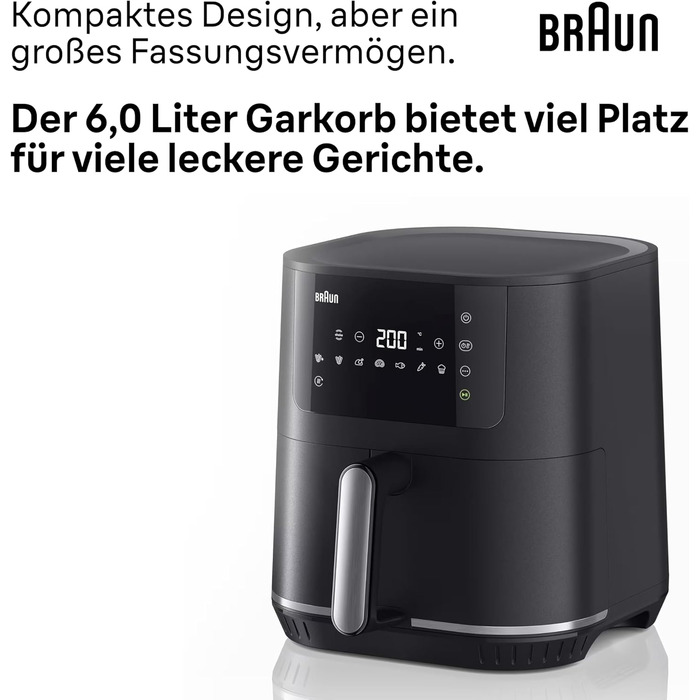 Аерофритюрниця Braun MultiFry 5 для здорового приготування страв, 8 програм, чаша 6 л без PFAS, 80-200 C, 1700 Вт, матово-чорна (HF 5034I BK)