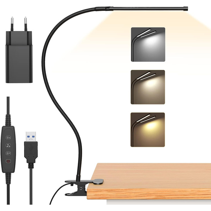Світлодіодна настільна лампа iZELL 77 з регулюванням яскравості - 3 колірні температури та 10 рівнів яскравості 40-сантиметрова гнучка гусяча шия із зарядним пристроєм USB, затискачем, офісною лампою, робочою лампою для домашнього офісу/офісу 40 см гусяча