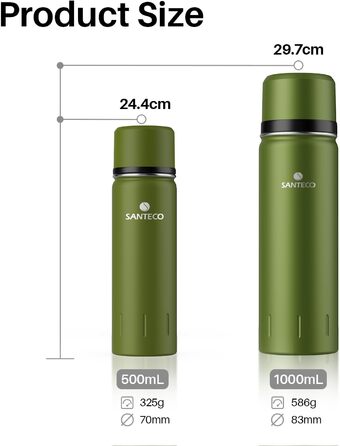 Термос SANTECO з нержавіючої сталі 1 л, 500 мл, герметична ізольована пляшка з чашкою для пиття в дорозі, термос для кави та чаю для дітей, спорт, без BPA, 24 години холодної та 12 годин гарячої води