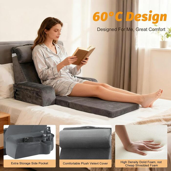 Велика подушка для читання зі знімною спинкою, ергономічна подушка для спини з підлокітником, кишенею та чохлом, який можна прати, для читання та перегляду телевізора (сіра)