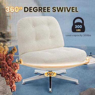 Офісне крісло IWMH без підлокітників, крісло для вітальні зі схрещеними ніжками, ергономічне поворотне крісло з надзвичайно великою тканинною подушкою, письмове крісло для домашнього офісу, туалетний столик, спальня (біле)