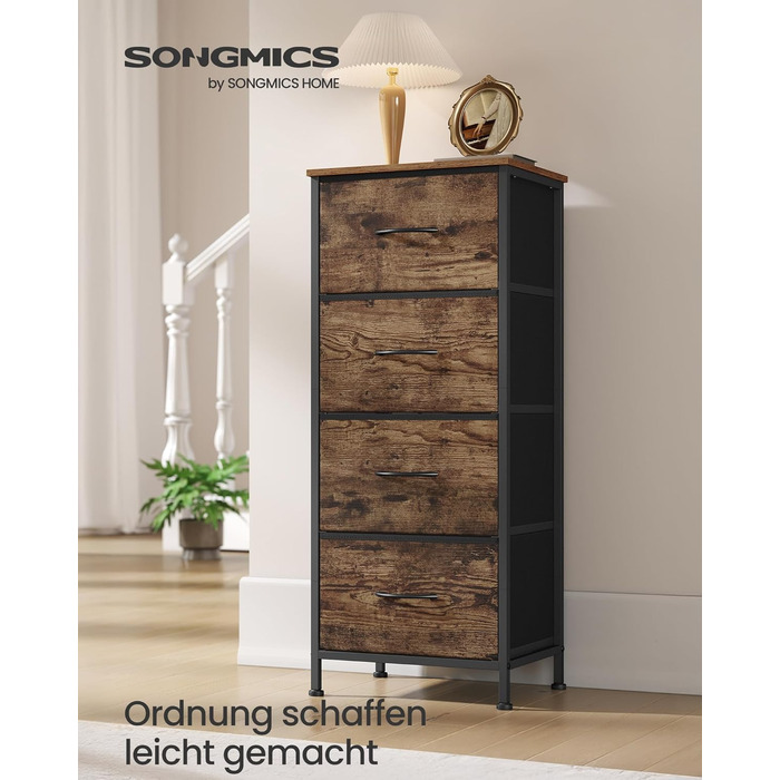 Комод SONGMICS, шафа, 4 тканинні шухляди, шафа для зберігання, сталь, МДФ, неткане полотно, для спальні, коридору, вітальні, вінтажний коричневий-чорний LGS314BH04 4 шухляди вінтажний коричневий чорнильний